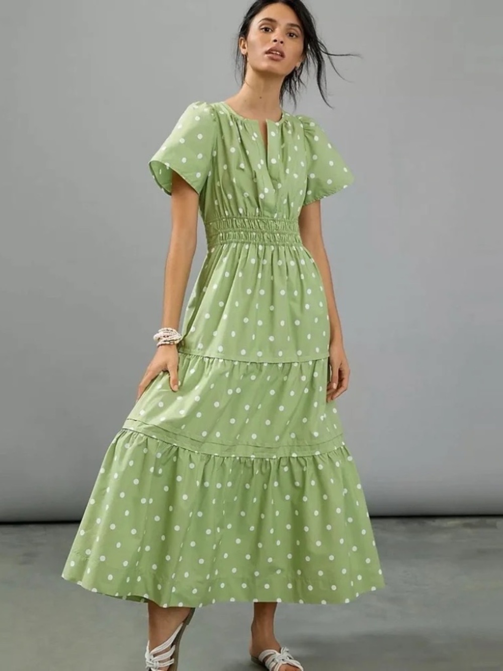 Anthropologie Green with White Polka Dots Somerset Maxi Dress - Like New- Small